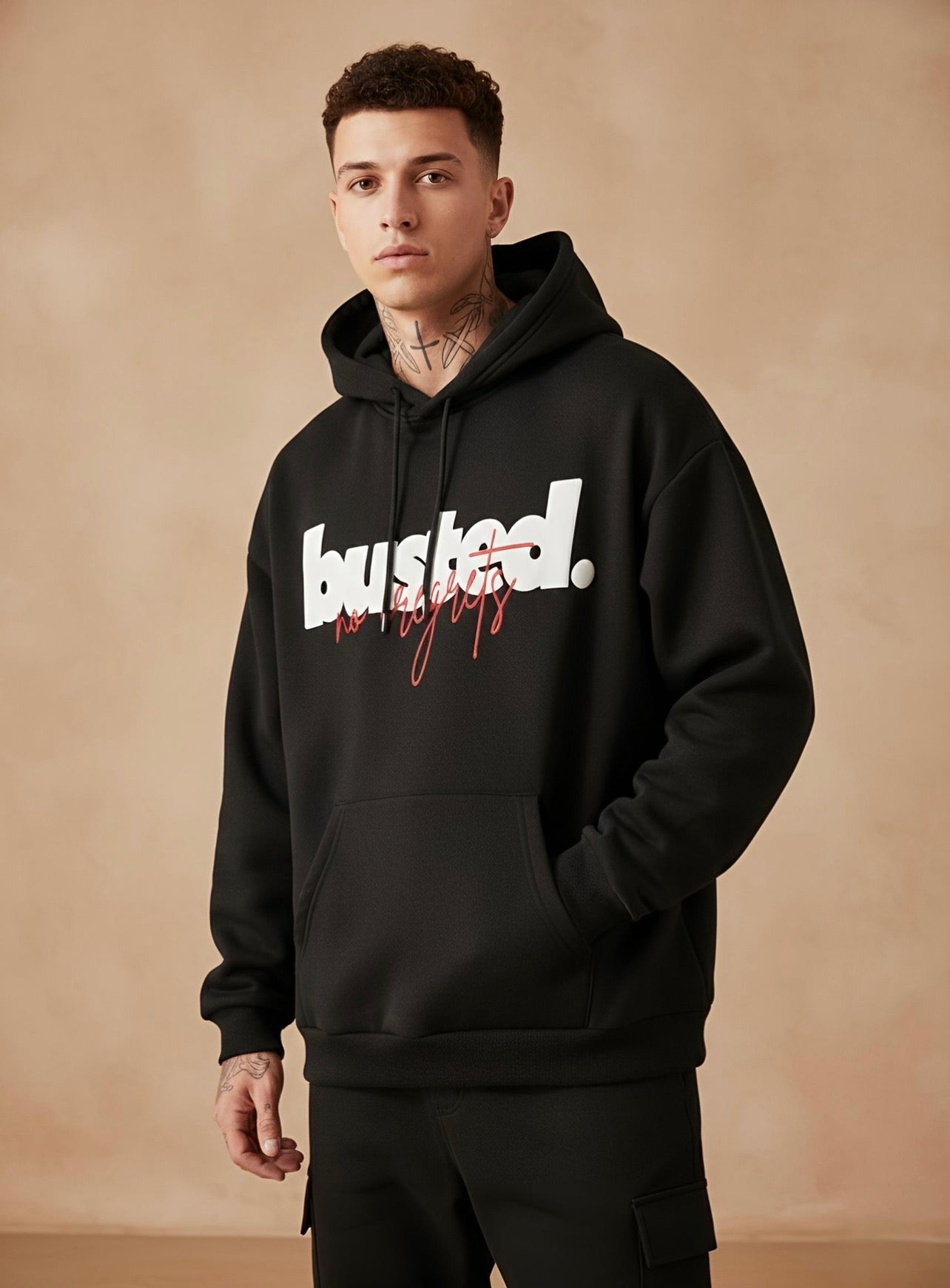 トップス BEEDEN PRINT OVER HOODIE No Regrets | Premium Oversized Hoodie | Printed | Black – Busted